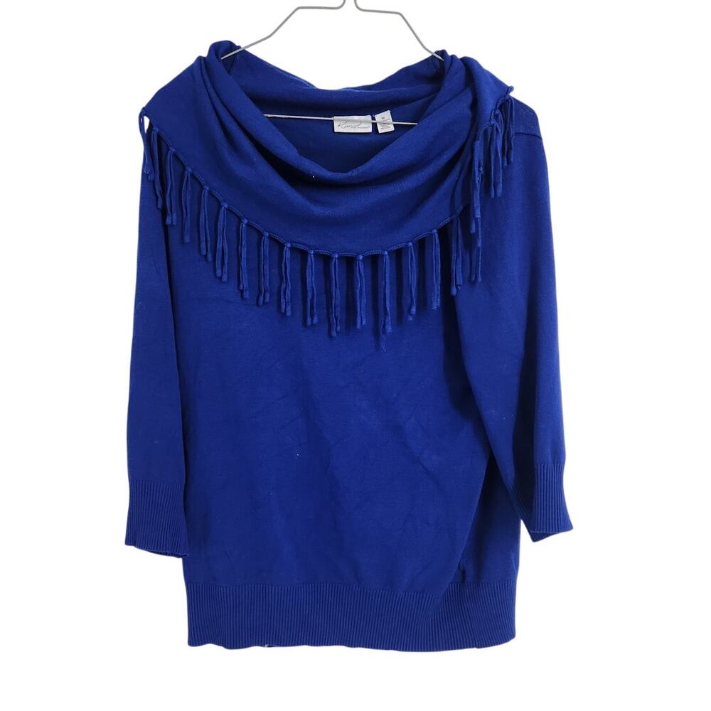 Kim Rogers Blue Cowl Neck Fringed Sweater Womens Size Medium M